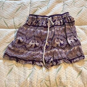Printed Purple Elastic-Waist Athletic Shorts with Drawstring